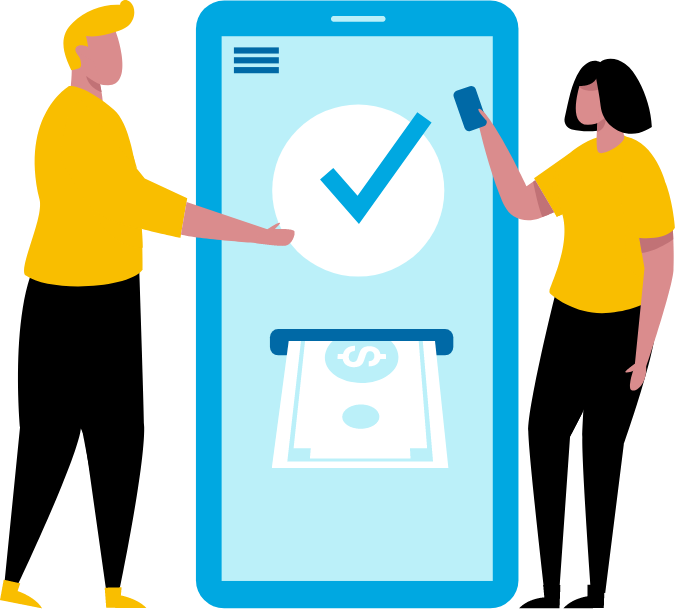graphic design of two people next to large colorful smartphone with dollars coming out